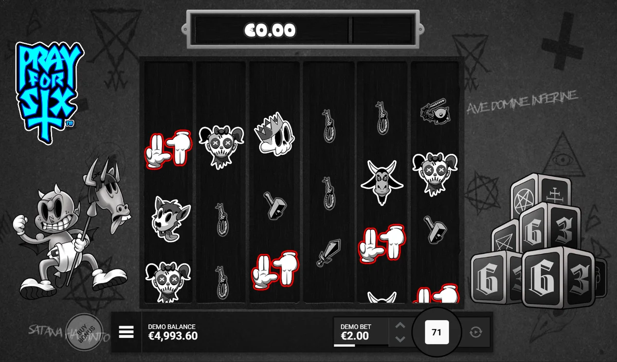 Pray for Six active gameplay showing scatter pay wins with 8 or more matching symbols highlighted across the 6x5 grid