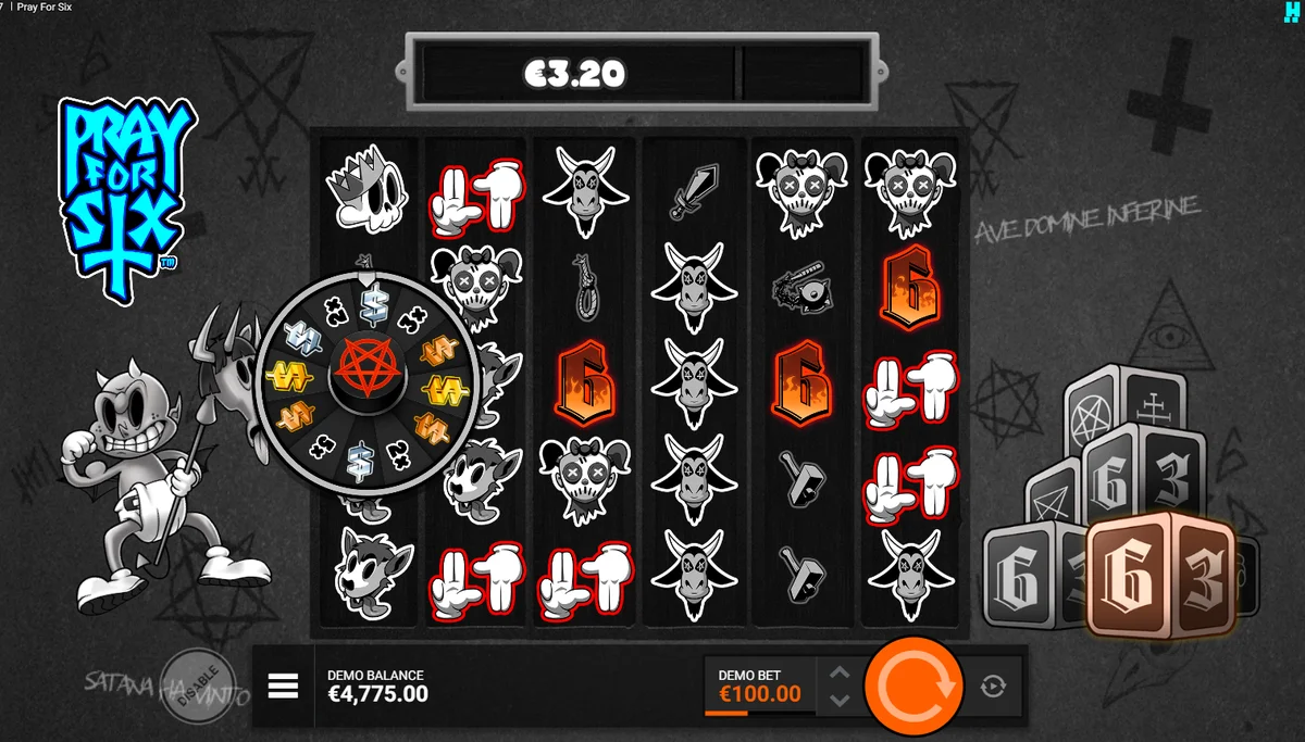 Pray for Six Wailing Wheel spinning animation with prize brackets visible showing potential multiplier outcomes